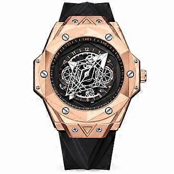 Men's Quartz Watch Binbang Black Silicone Strap Rose Gold Case Black Dial Waterproof Luminous Tattoo Style JY
