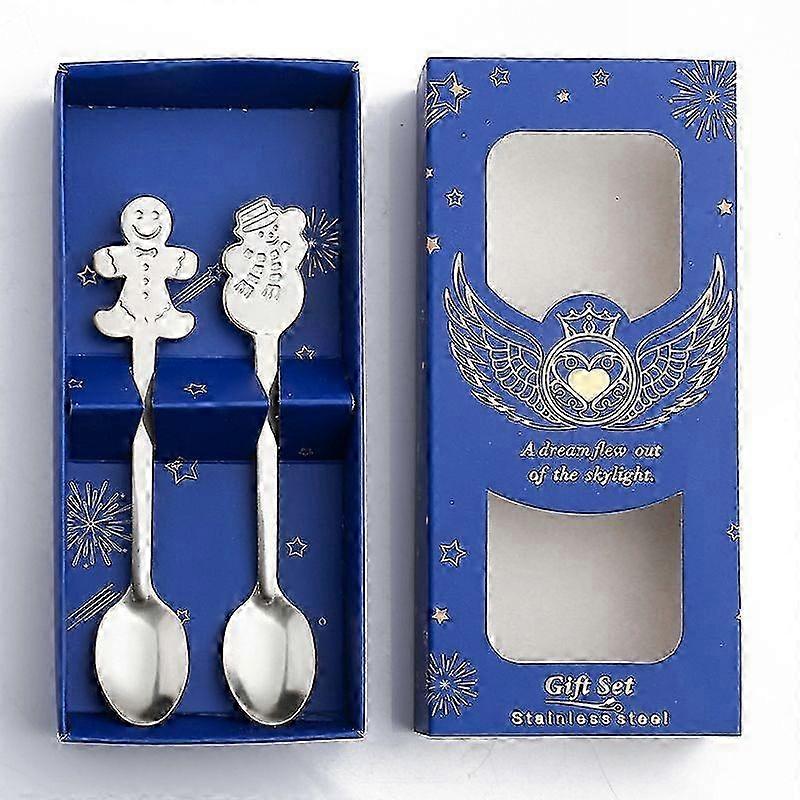 Gingerbread & Snowman Spoon Set, 2-Pack Silver, Blue Box