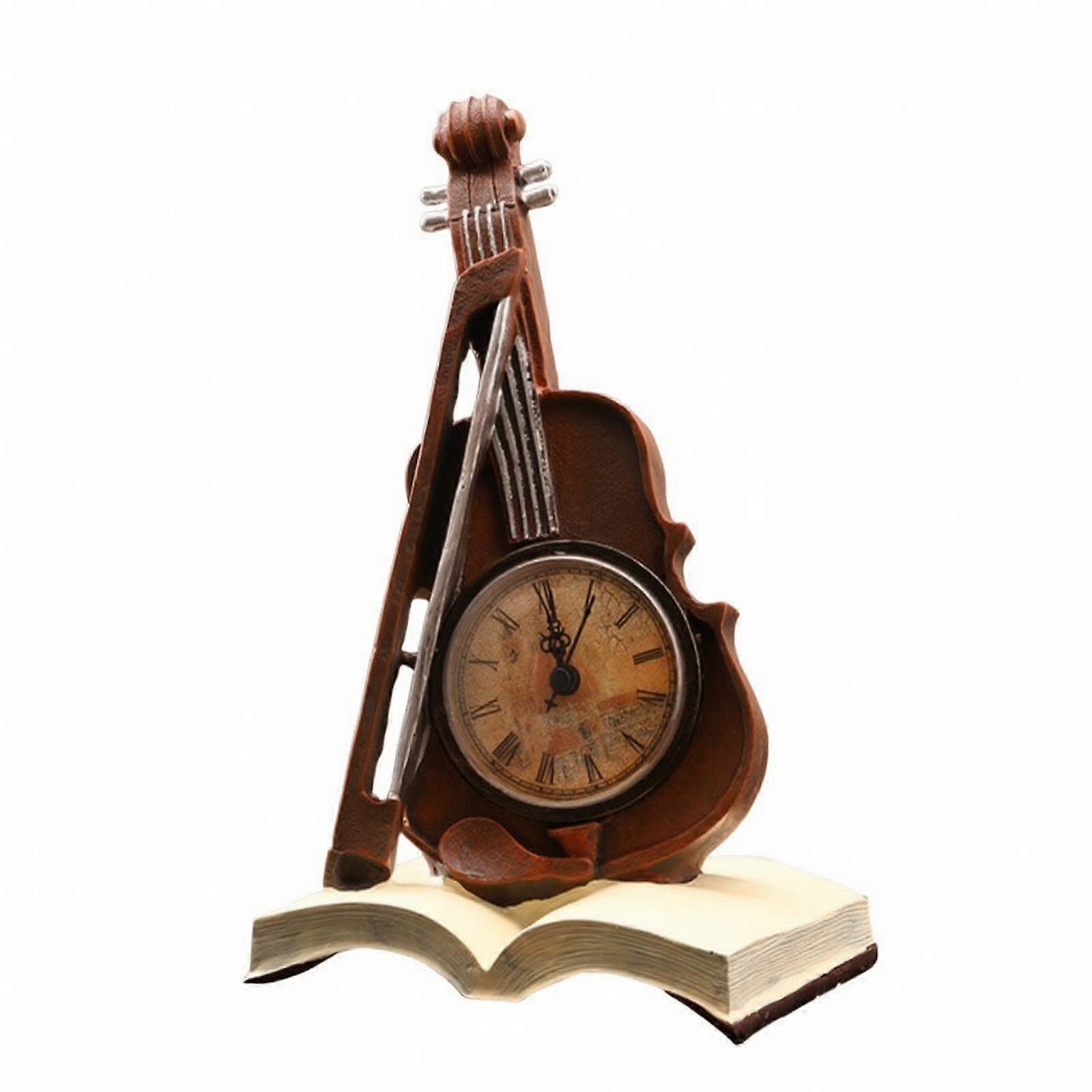 Violin Clock with Book-Shaped Base Antique Style for Study, Violinists