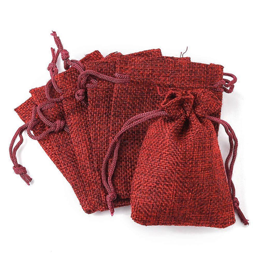 Burlap Packing Pouches Drawstring Bags Dark Red 9x7cm