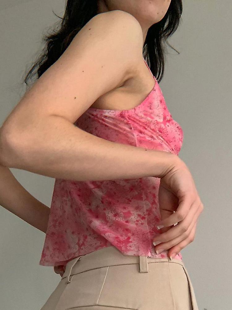 Y2k Pink Top Retro Floral Print V Neck Women Strap Camisole Summer