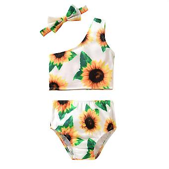 Veeki Kids Baby Girls 3pcs Sunflowers One Shoulder Vest Panties Bowknot Bikini Set Swimsuit Bathing Suit, Size:130, Sunflowers