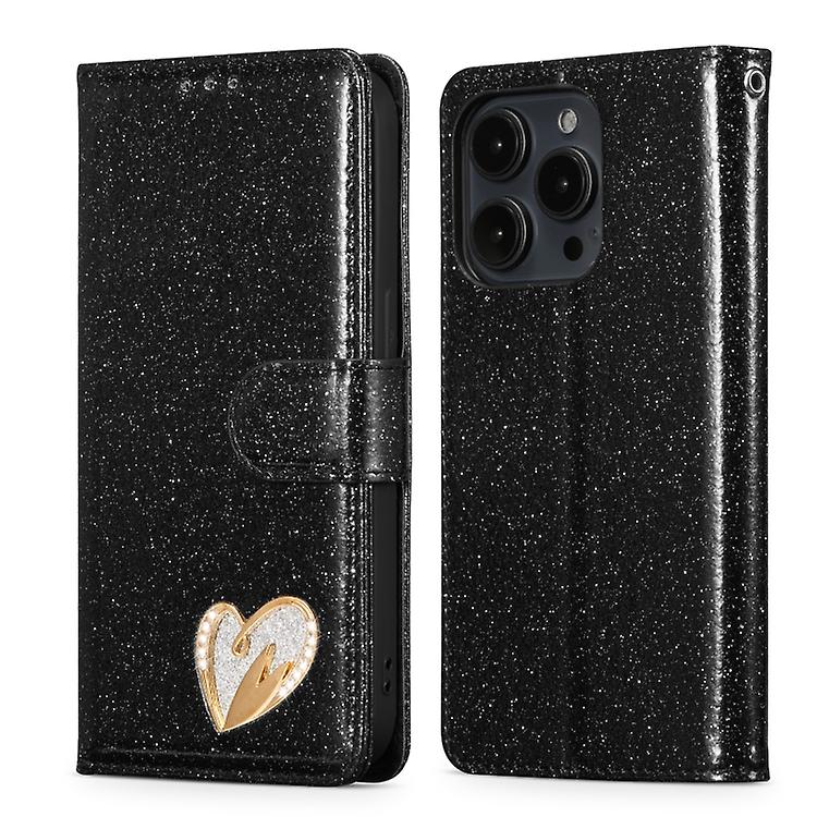 For iPhone 15 Pro Max Glitter Powder Love Leather Phone Case