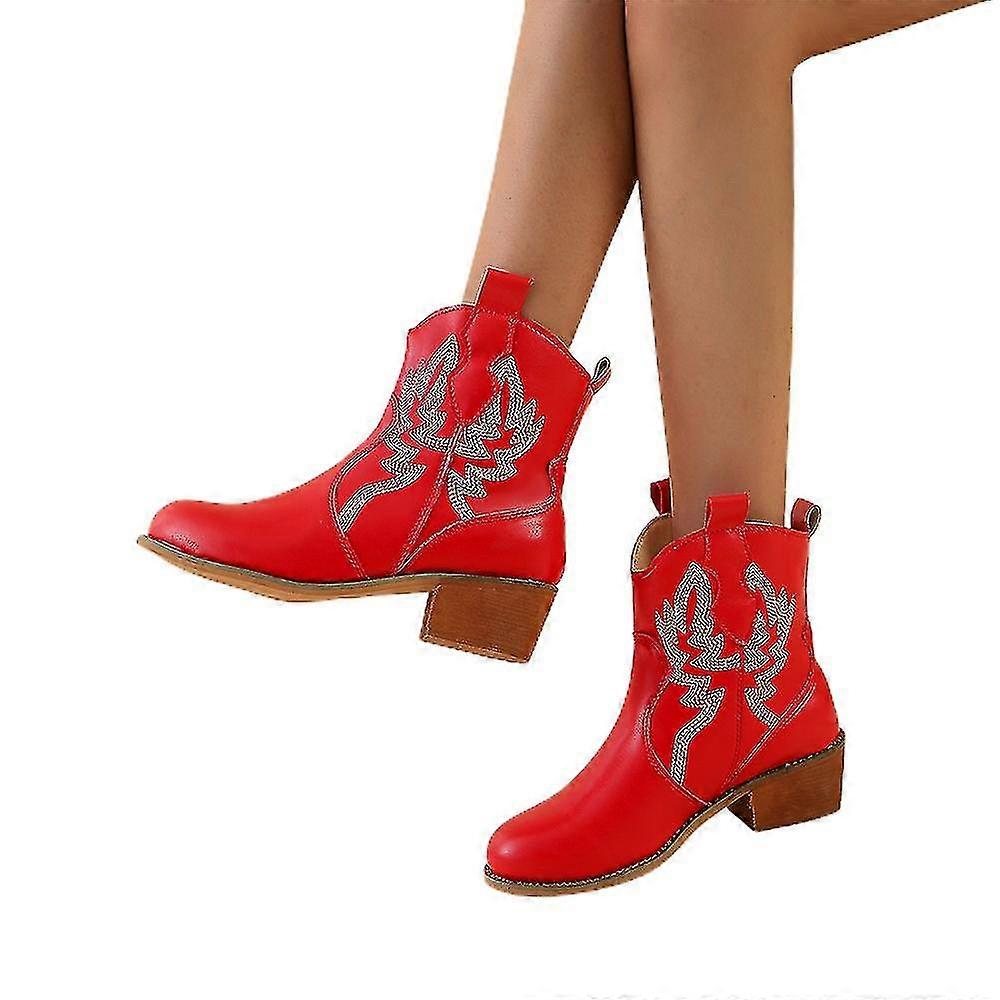 Kvinners spisse tå retro brodert mote britiske støvler