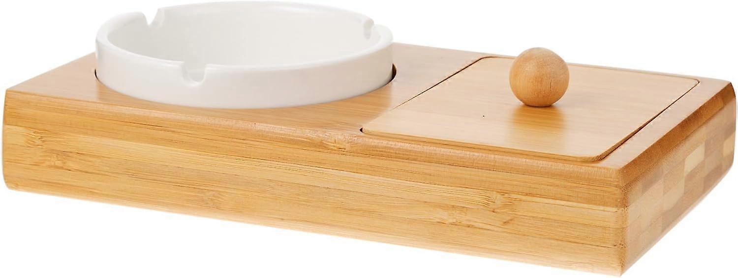 Lucklybestseller Ceramic Ashtray and Cigarette Lighter Storage Box with Lid Cover, Bamboo Ash Tray Base Home Office Hotel Desktop Multifunctional Ciga