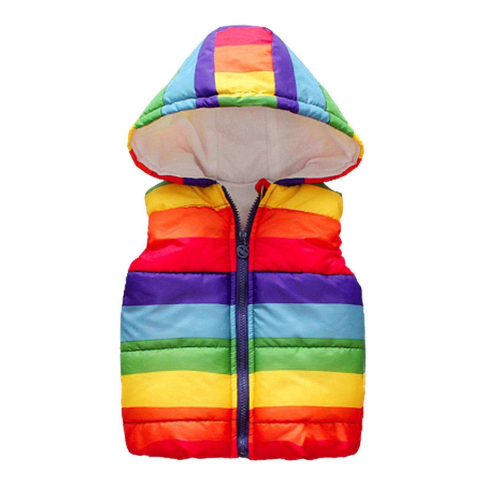 Barnens Vinter Puffer Jacka Väst Med Huva Regnbåge Färg Huva Kort Kappa