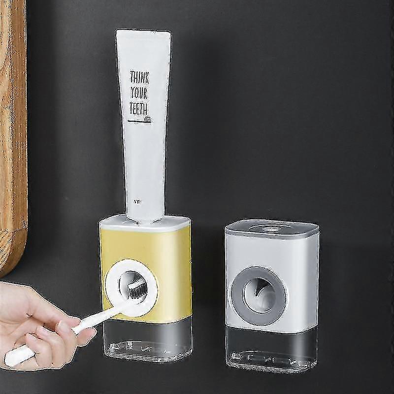 1pic Yellow Automatic Toothpaste Dispenser Wall Mount Toothbrush Holder Waterproof Storage Rack