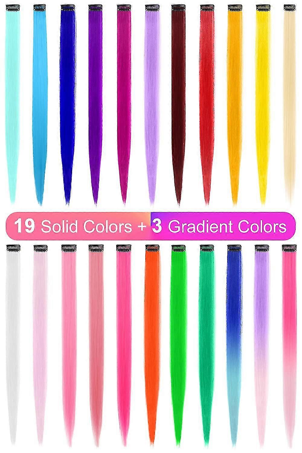 22 Pcs Extensions de cheveux colorés, Multi-couleurs Party Highlights Clip Extensions de cheveux synthétiques 20 pouces, 100% résistant à la chaleur (ensemble coloré
