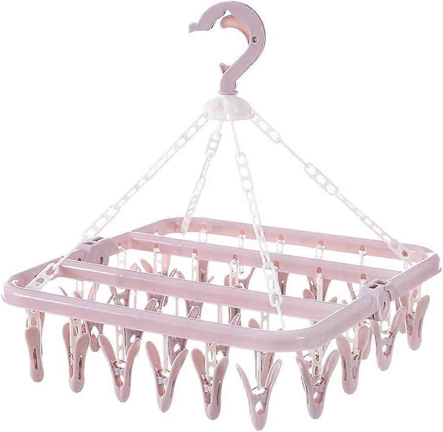 32 Peg Foldable Sock Hangers with Clips, Rotary Hook(Pink)