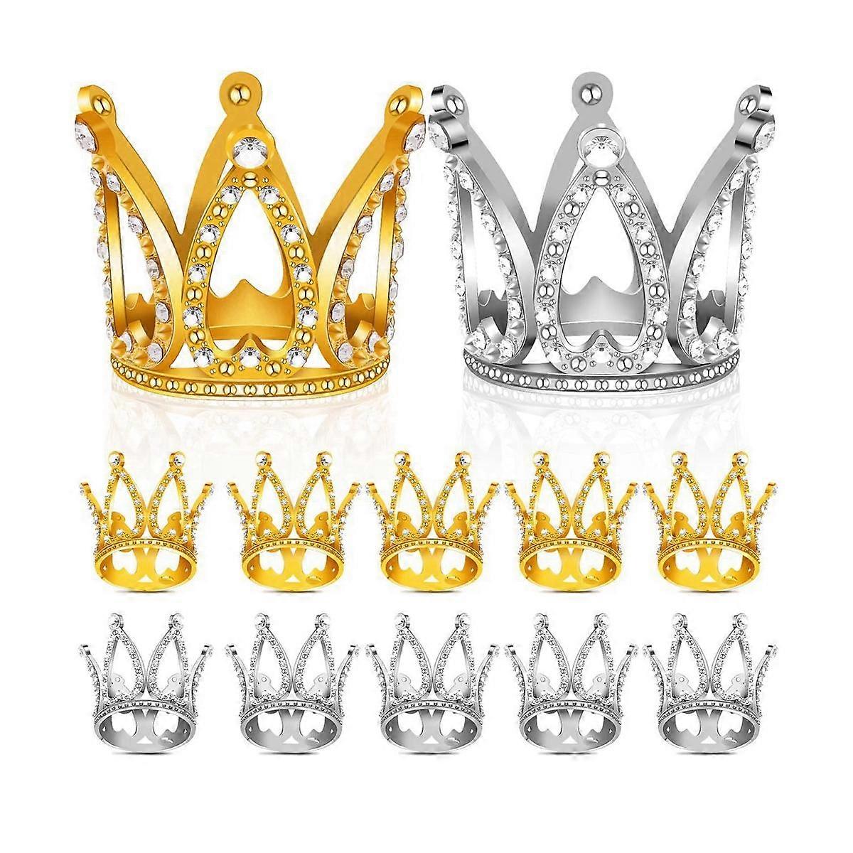 12 PCS Mini Crown Cake Topper,Gold & Silver Rhinestone Crown Cake Topper Decorations for Baby Showe