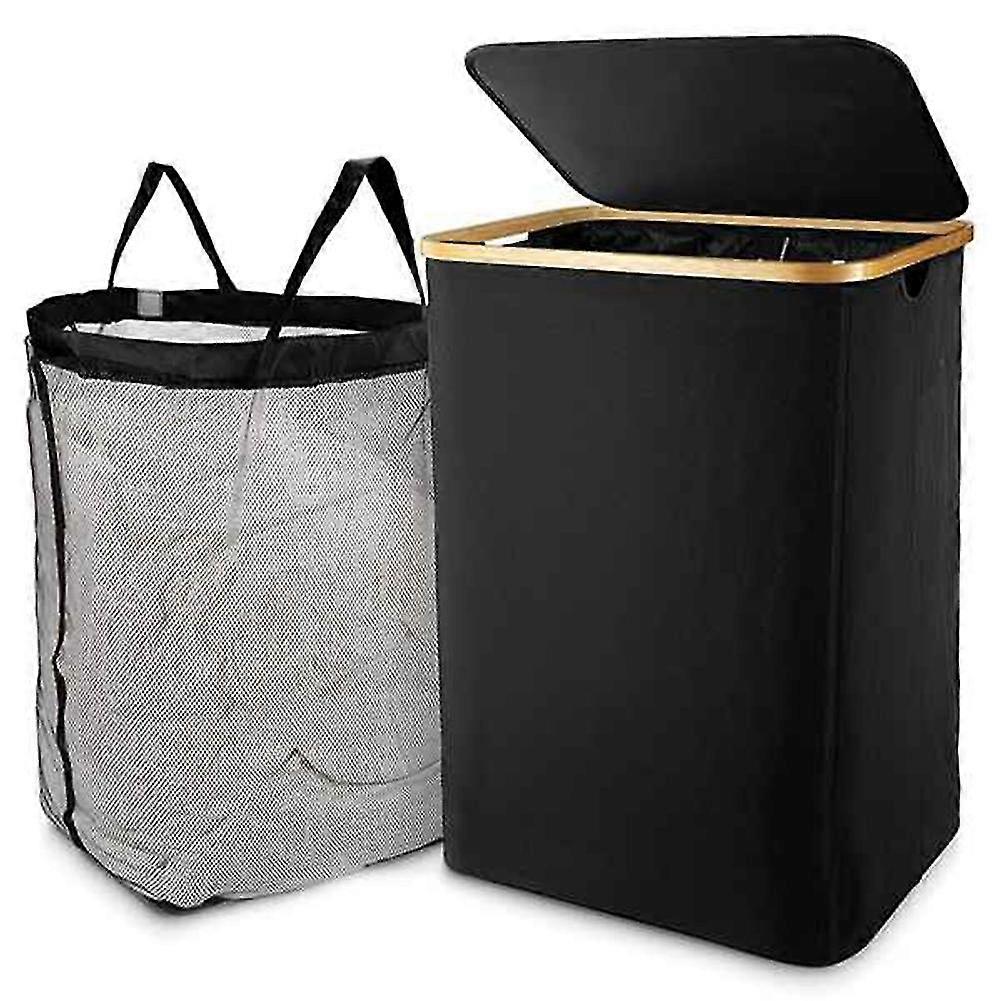 Laundry Basket With Lid, Black Laundry Basket With Removable Laundry Bag - Laundry Sorter For Bathr