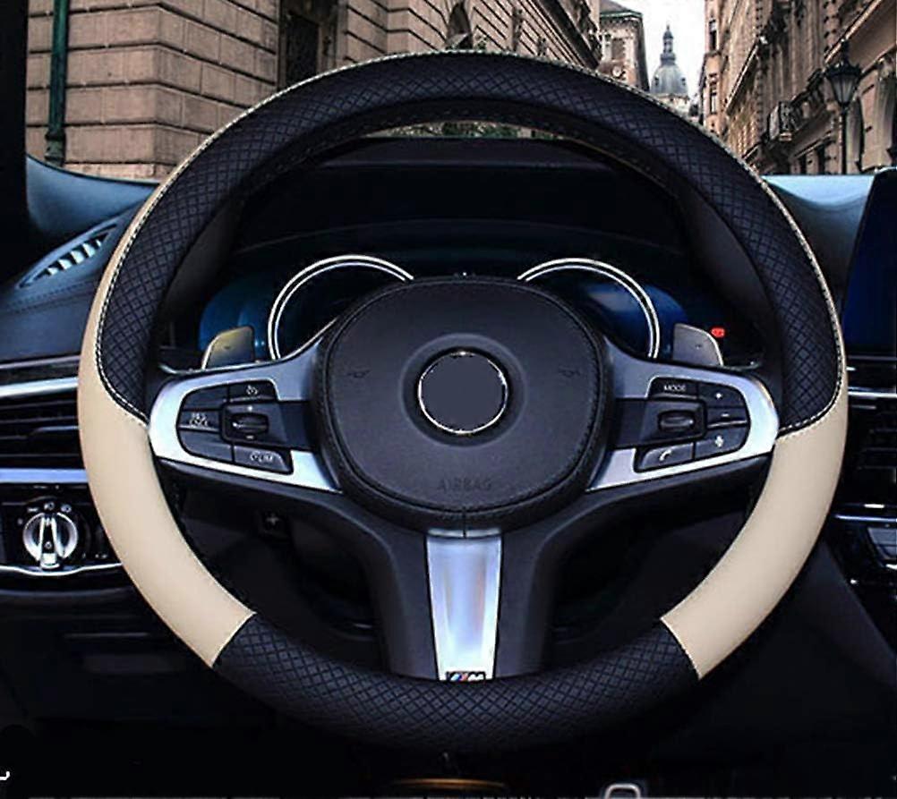 Beige Wavy Stitch Microfiber Leather Steering Wheel Cover