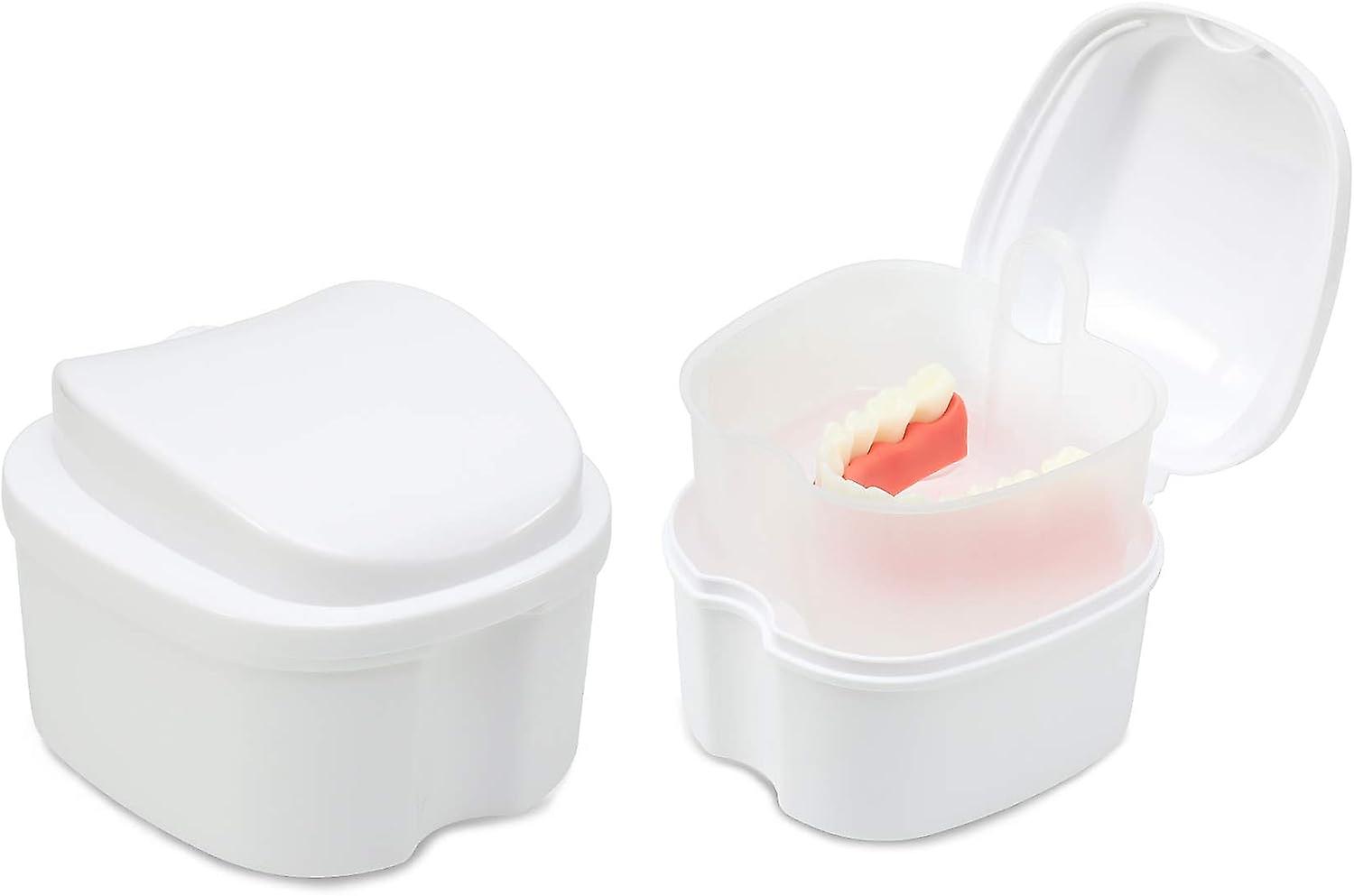 Denture Bath Case, Cleaning Teeth Trays, Partial Denture Storage Box (White)