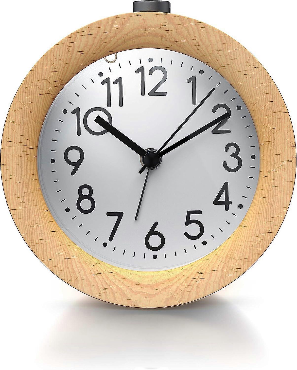 Wooden analog alarm clock battery powered non-tick with snooze button, night light, gentle wake up