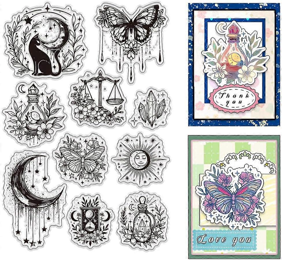Fantasy Element Clear Stamps Cat Moon Rubber Stamp Butterfly Clear Stamps Flower Background Stamp for DIY Scrapbooking Photo Album Journal Decoration