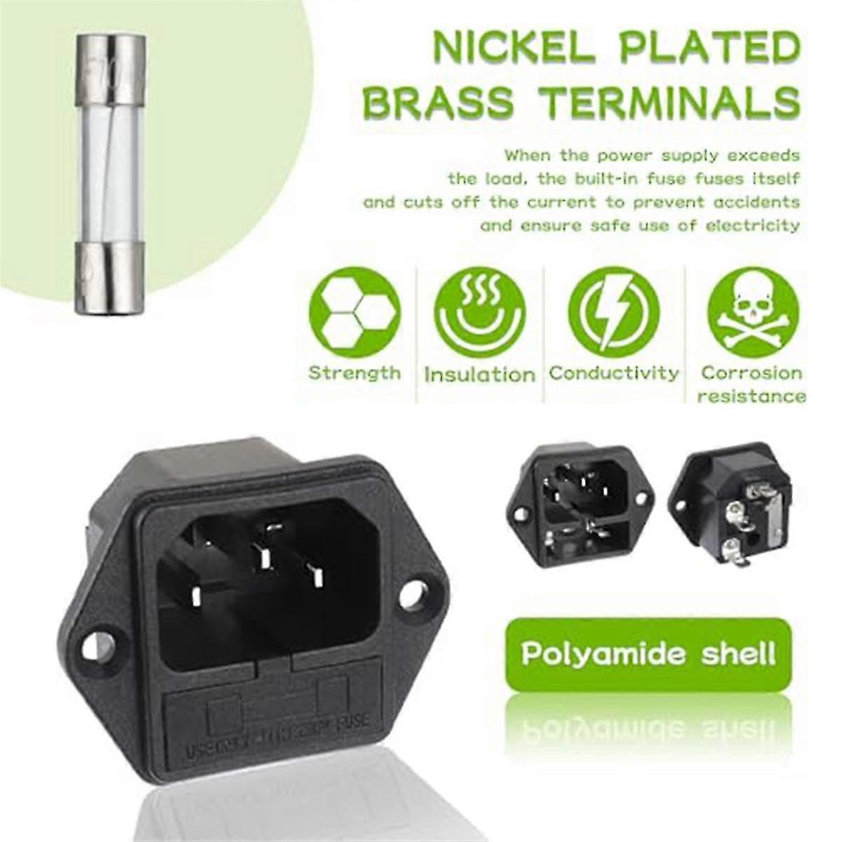 AC 250V 10A 2 in 1 Mount Inlet Module Plug Socket Power Entry Connector Male Blades with 10A Fuse(Pack of 6Pcs)