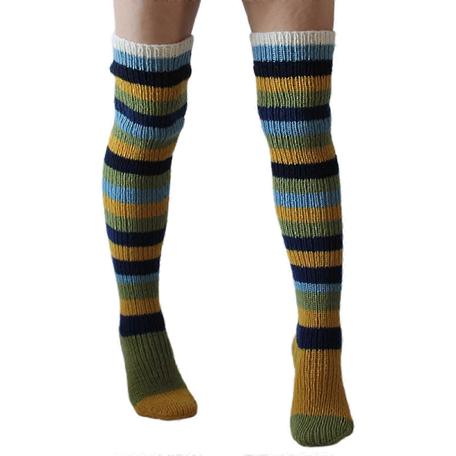 Womens Thigh High Socks Over the Knee Crochet Knit Colorful Striped Boot Socks