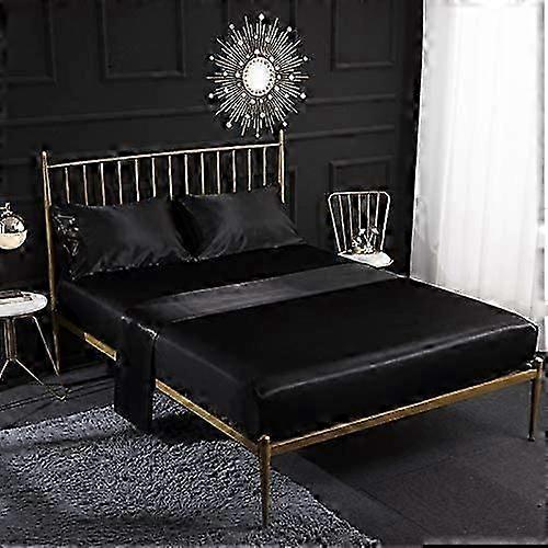 Cream Silk Satin 3 Piece Bedding Set with Fitted Sheet, Flat Sheet, Pillowcase, Breathable, Soft and Comfortable Black (Twin)