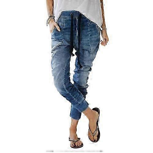 Women Elastic Waist Drop Crotch Jeans Harem Pants Drawstring Denim Long Trousers