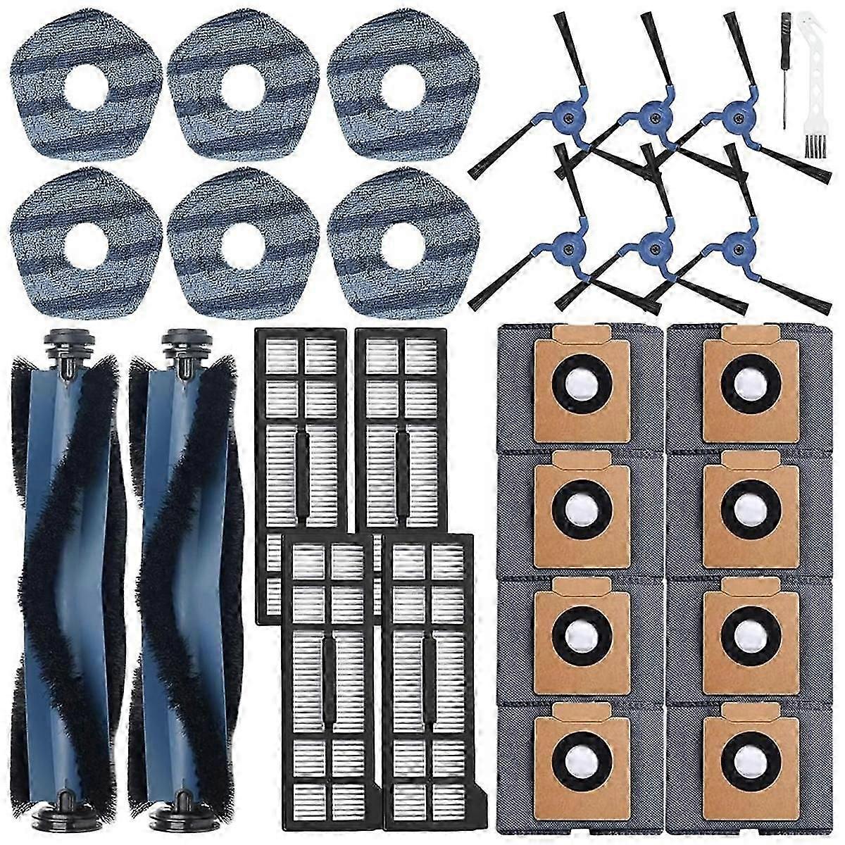Pour X10 Pro Omni : 2 brosses principales, 6 chiffons de vadrouille, 6 brosses latérales, 4 filtres HEPA, 8 sacs à poussière, 1 outil de nettoyage