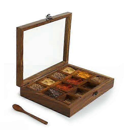 12 Containers Wooden Masala Box Set with Spice Jars, Durable Indian Cooking Storage, Natural Finish, 100% Handmade