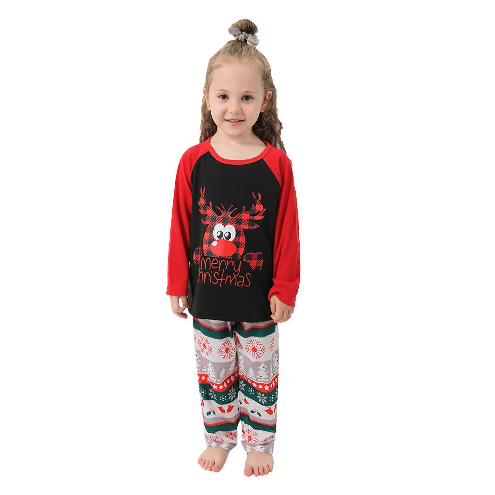 Christmas Pajamas Set Cartoon Deer Pattern Round Collar Long Sleeves Color Splicing Family Sleepwear Kit