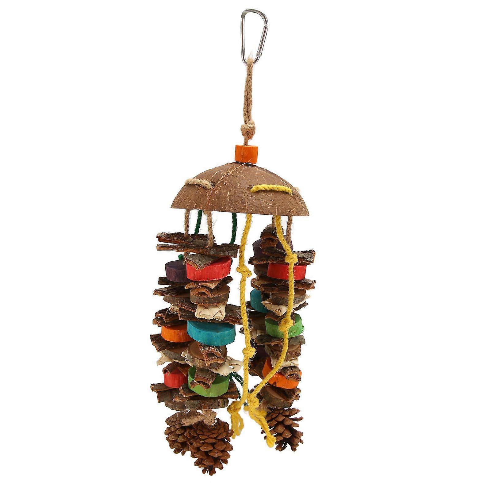 Bird Cage Toy, Coconut Shell and Wood Blocks for Parrot Chewing