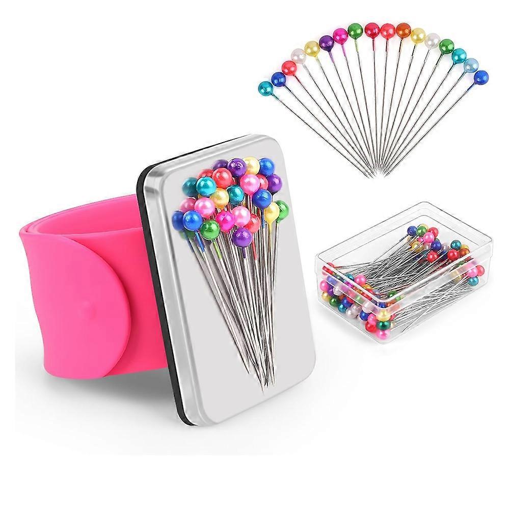 سوار معصم Pincushion مع 100 قطعة 1.5 بوصة مجموعة دبابيس الخياطة ذات الرأس الكروي ، C