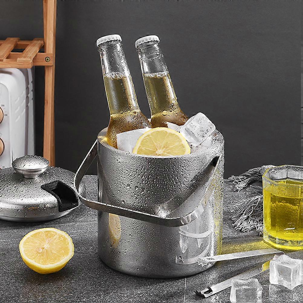 1.3L Ice Bucket with Lid and Strainer Stainless Steel Ice Bucket Double Wall Ice Cube Container