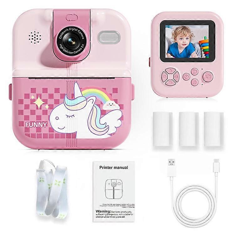 P02 2.4 Inch Instant Print Camera Cartoon Animal Pattern Flip Lens HD Camera for Kids with 32GB Card + Card Reader