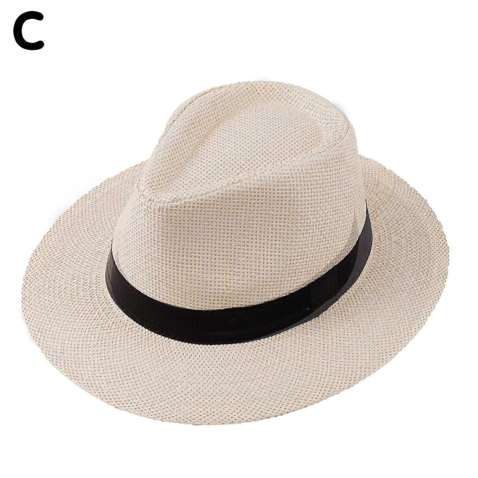Beige (C) One Size$Paper Straw Flat Brim Hat Summer Sun Protection Sun Hat Panama Straw Hat Men