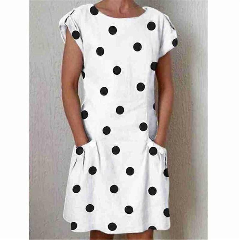 Damska luźna sukienka z okrągłym dekoltem z krótkimi rękawami z kwiatowym nadrukiem w kropki