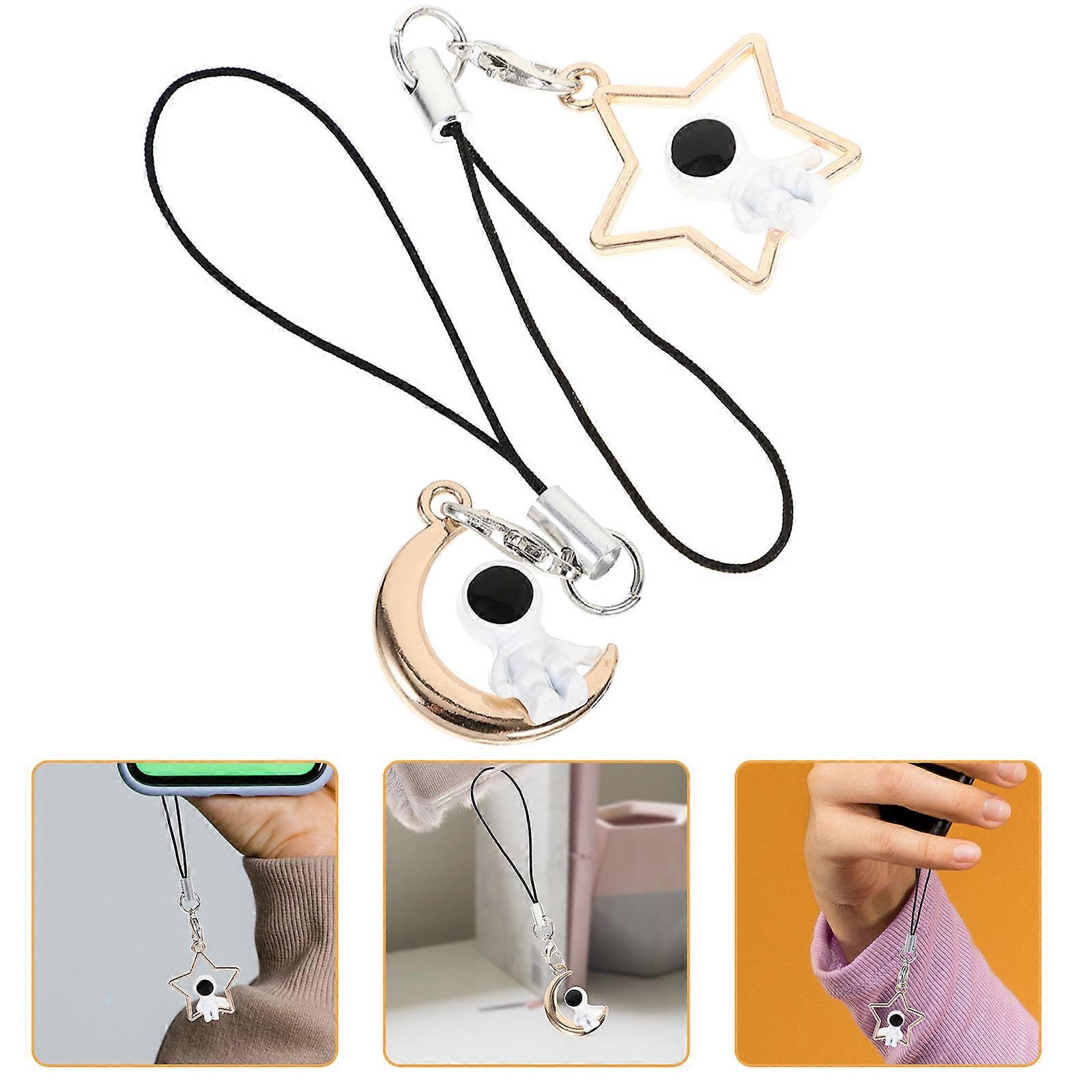 Astronaut Phone Pendant Charm   2pcs Cute Hanging Keychain for Women, Star and Moon Design Mobile Phone and Bag Accessory