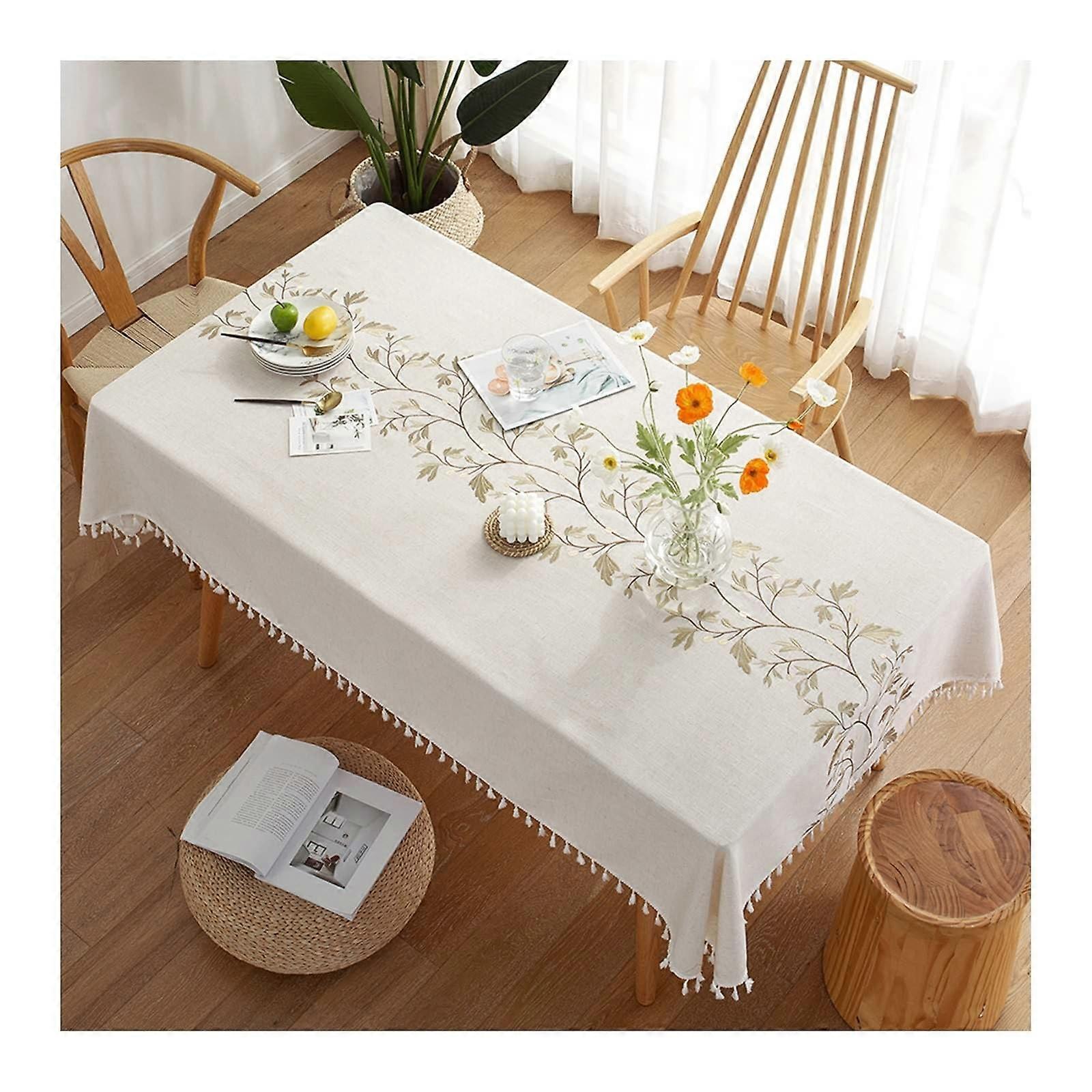 Rectangular tablecloth 140x260 cm, polyester washable embroidery leaves, khaki