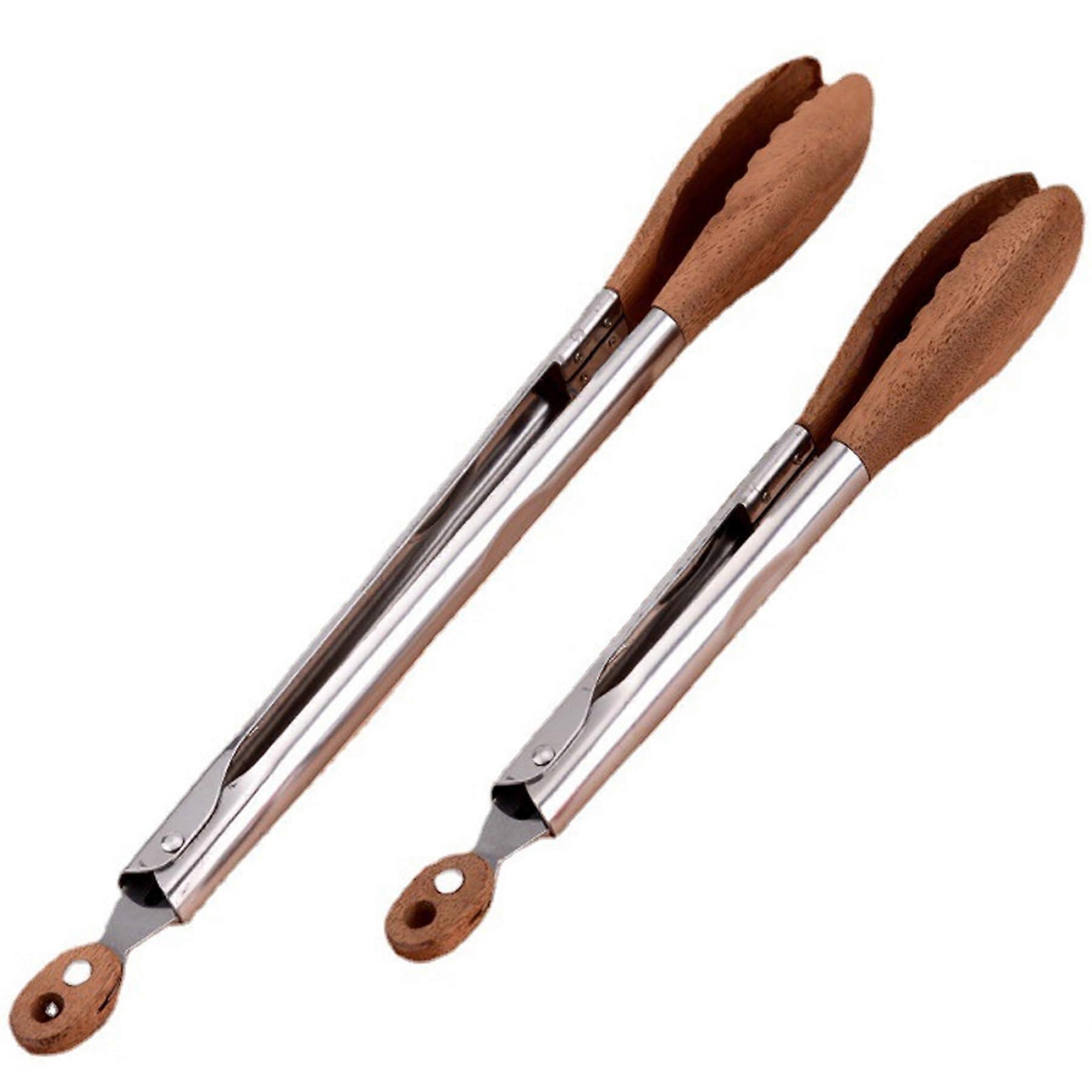 Tongs Set Walnut Tongs 22.9 Cm And 30.5 Cm With Stainless Steel Handle Non Slip Heat Resistant Self Locking