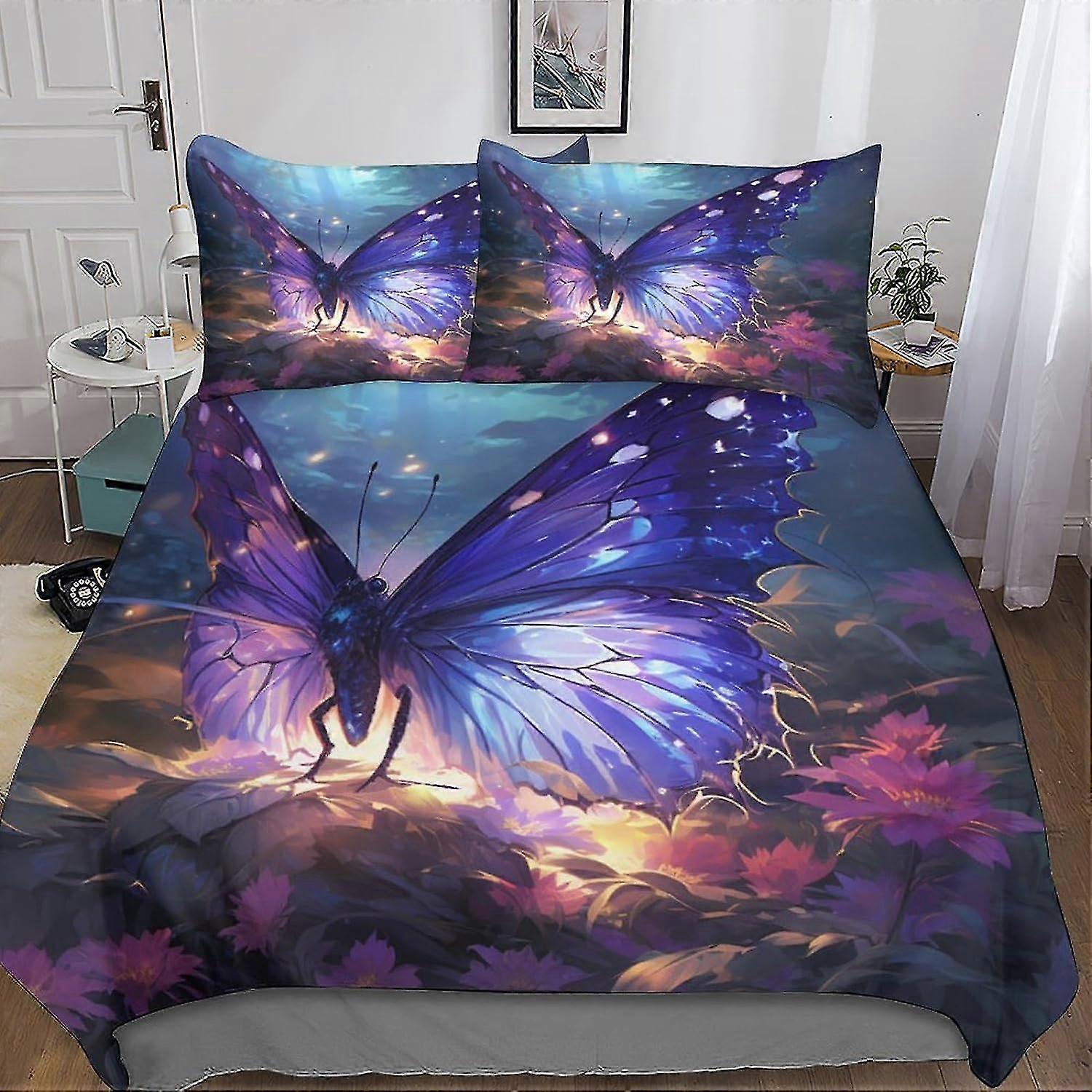 Flower Butterfly 3 Pieces Duvet Cover Set, 3D Colorful Bedding, Soft Microfiber Comforter Cover with Pillow Cases and Zipper