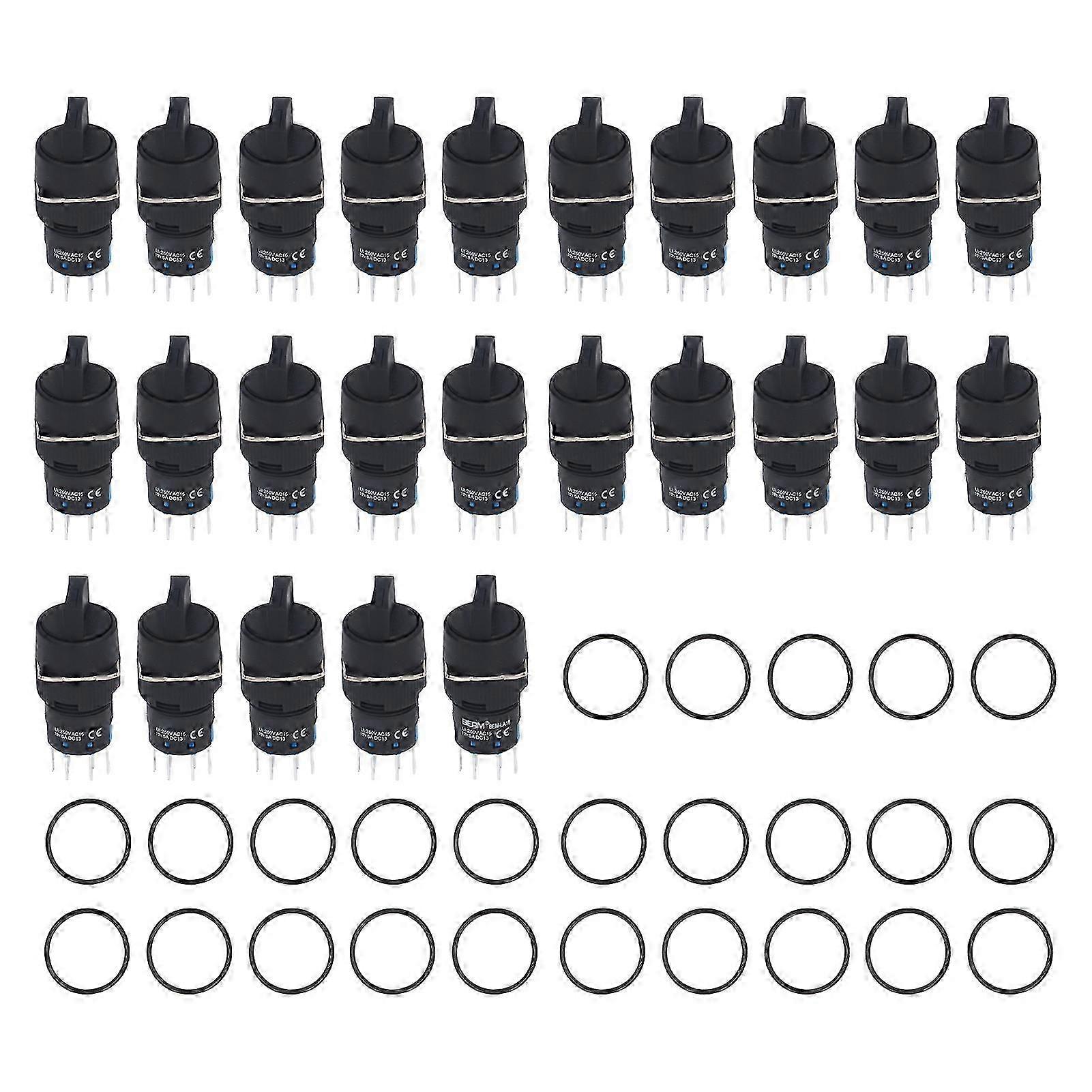 25Pcs 3 Position Selector Switch Self Locking Round 16mm with Green Light (AC DC24V)