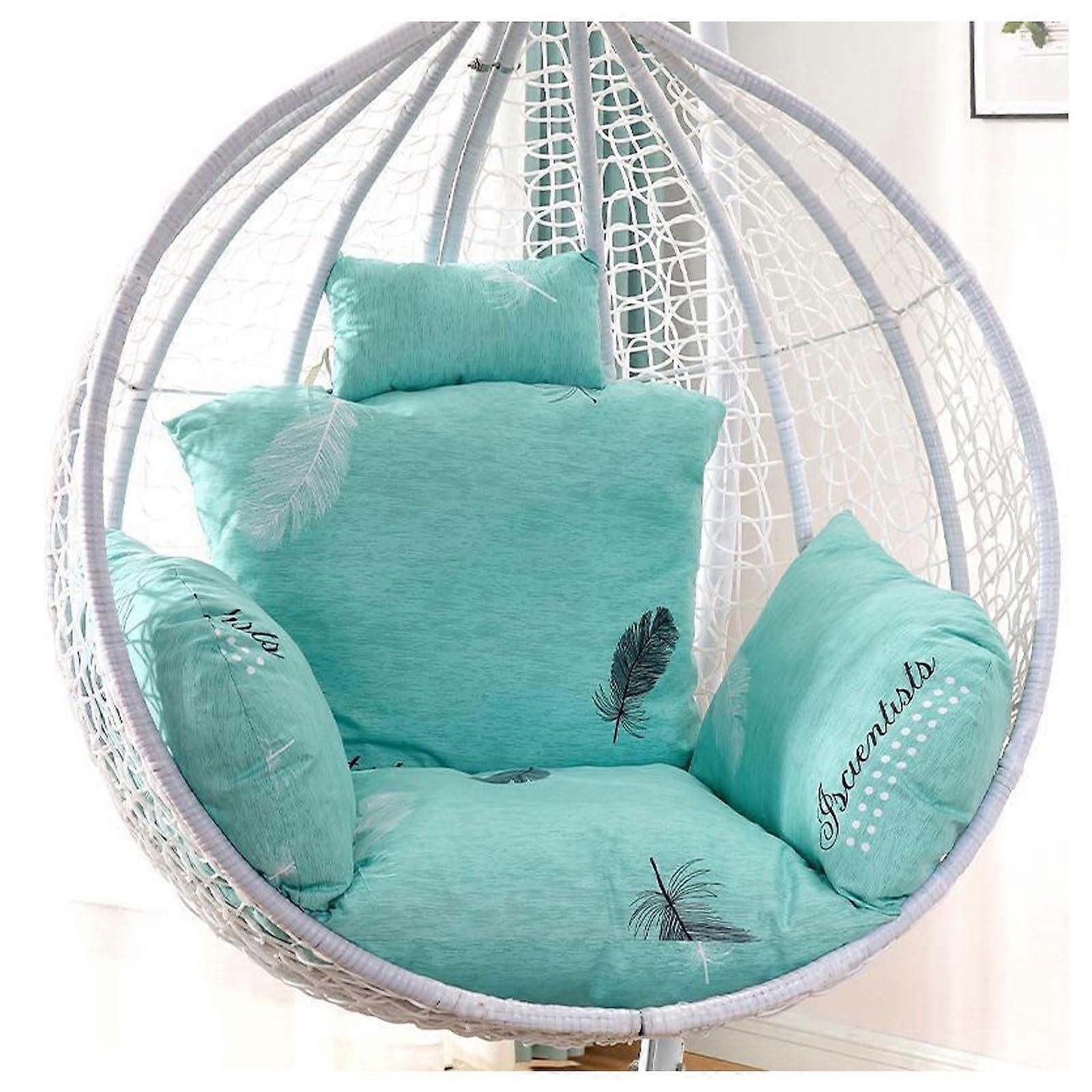 Thickened Blue Feather Design Hanging Egg Chair Cushion with Washable Pillow Patio Swing Chair Cushion for Garden