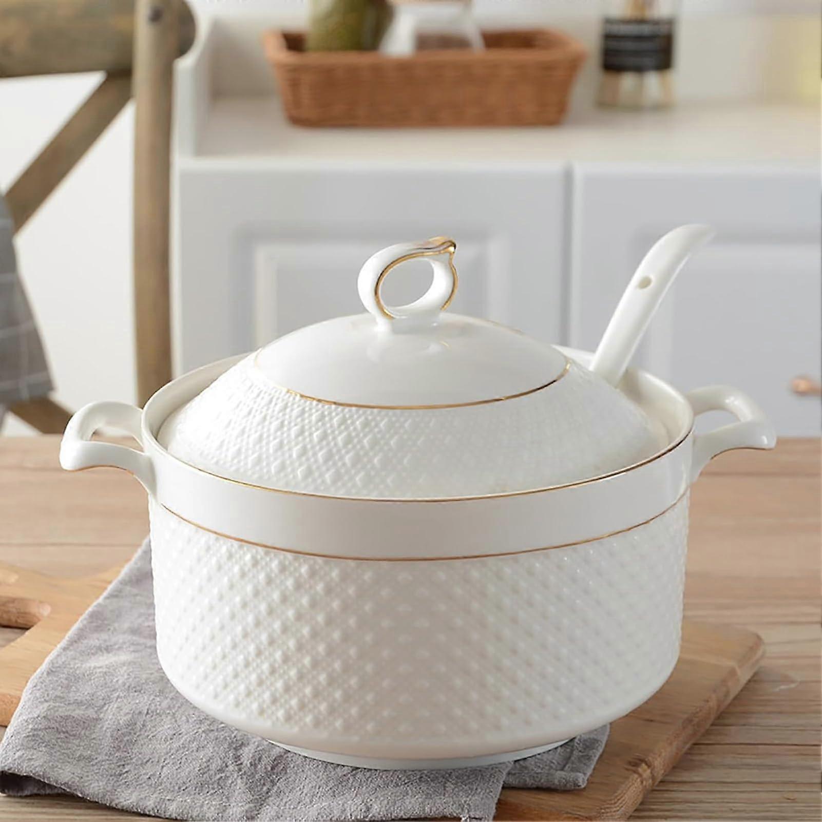 White Soup Tureen with Ladle, Ceramic Serving Dish with Glass Lid and Double Handles, Soup Bowls for Serving, Microwave and Dishwasher Safe