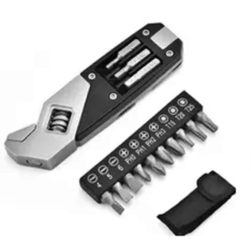 17-In-1 Adjustable Wrench Stainless Steel Folding Multitool With Screwdriver Bit Set, Easy To Use, Black