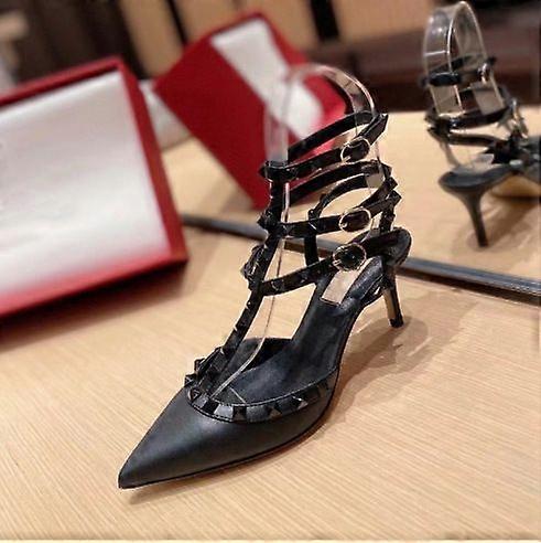 High Version V Brand Riveted Pointed-Toe High Heels, Three-Ring Patent Leather Riveted Thin-Heeled Flip-Flops