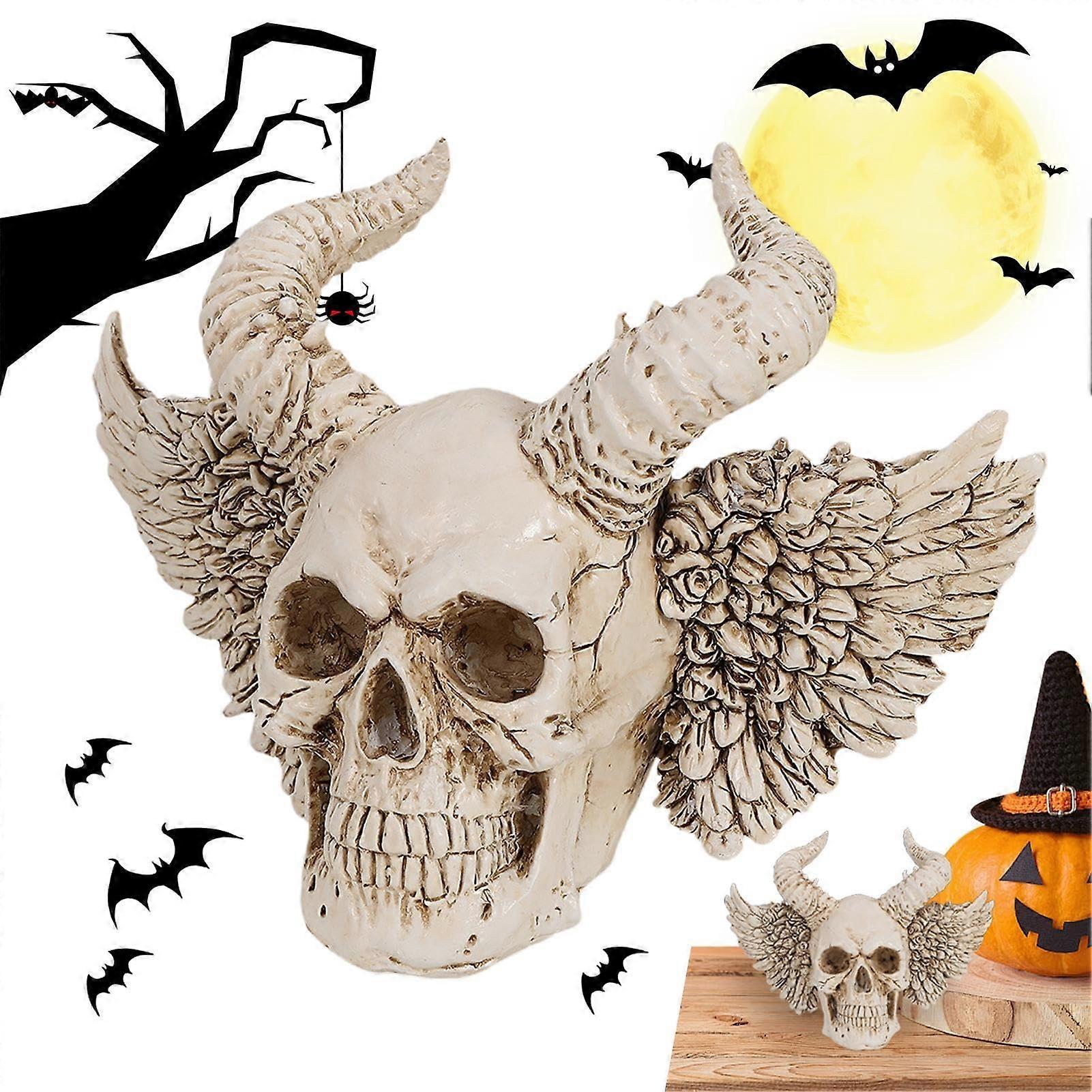 Resin Skeleton Figures – Halloween Skull Collectible Souvenirs, realistic details, Halloween Skull Statue, Table Decoration with Horns and Wings