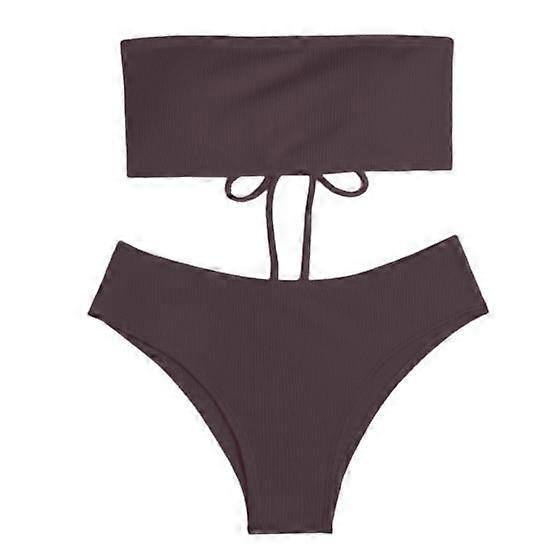 2Pcs/Set Back Lace-up Solid Color Bikini Set Two Pieces Bandeau Bra High