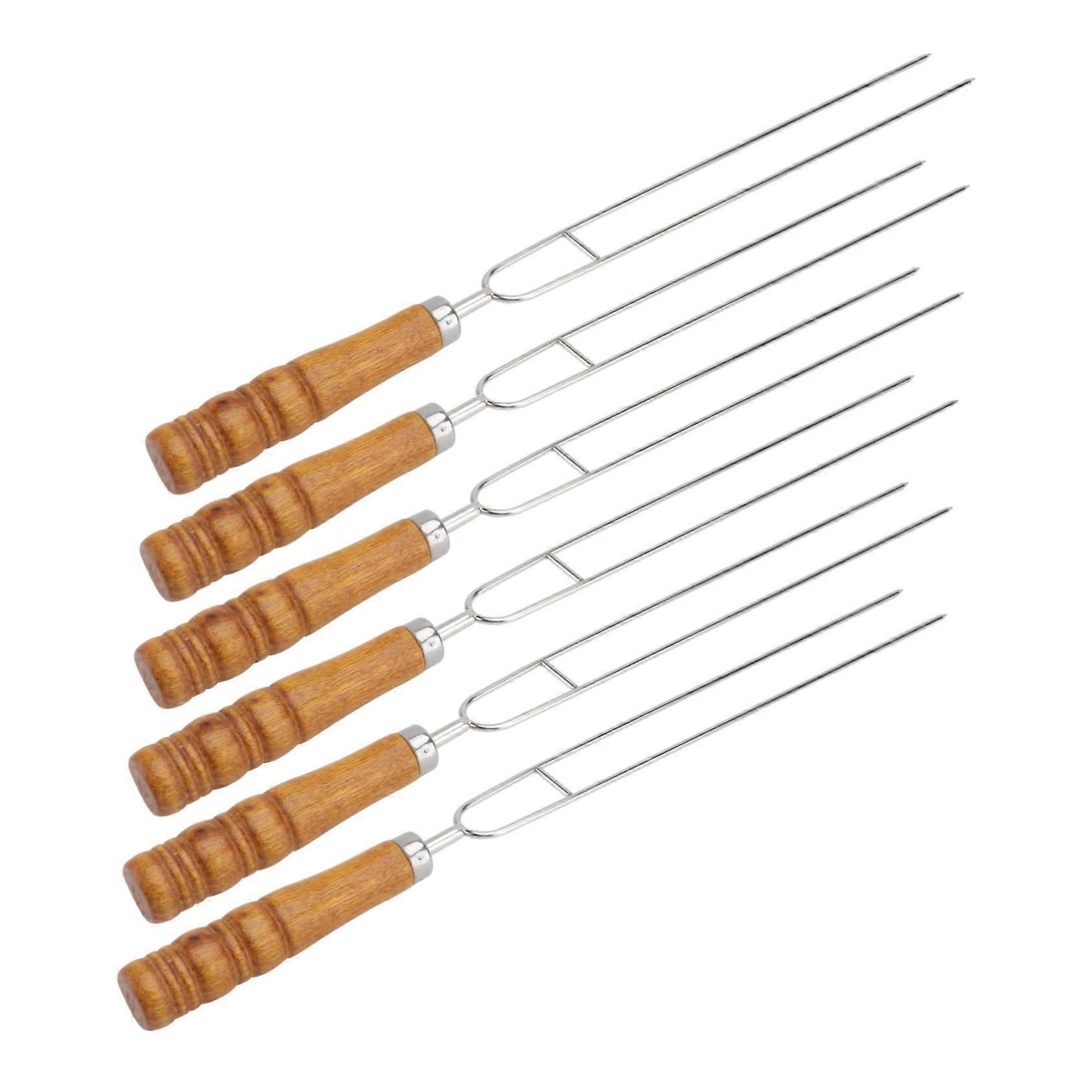 6 pieces grill skewers with wooden handle shaped roasting forks for BBQ and outdoor grilling of marshmallows and meat