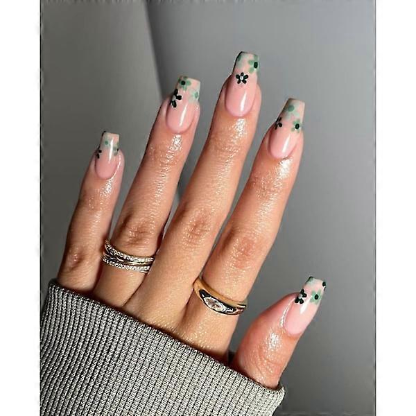 בלרינה קצרה ציפורניים מלאכותיות פרחים ירוקים לחץ על ציפורניים ציפורניים מלאכותיות מבריקות 24 יחידות מקל אקרילי על ציפורניים לנשים ונערות