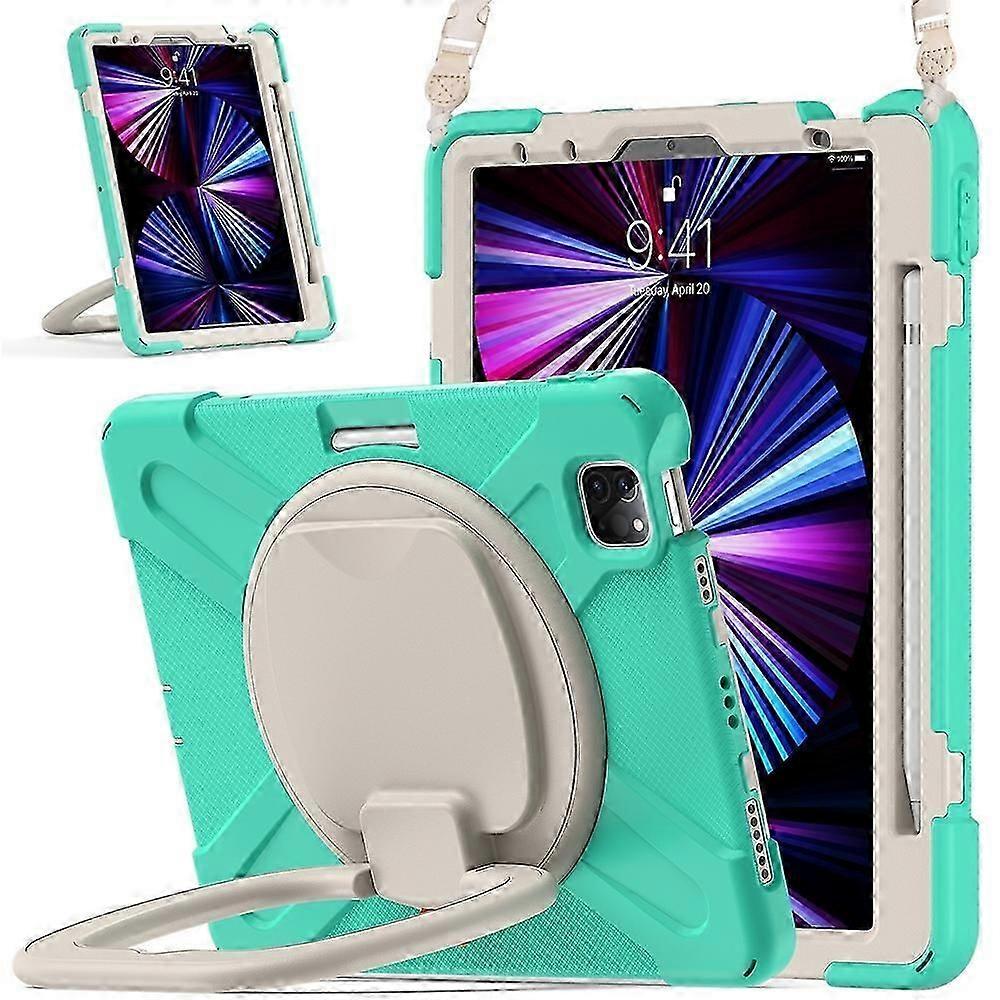 Tablet Case For iPad Air 11 2024 Silicone Hybrid PC Tablet Case with Holder &Shoulder Strap(Mint Green)