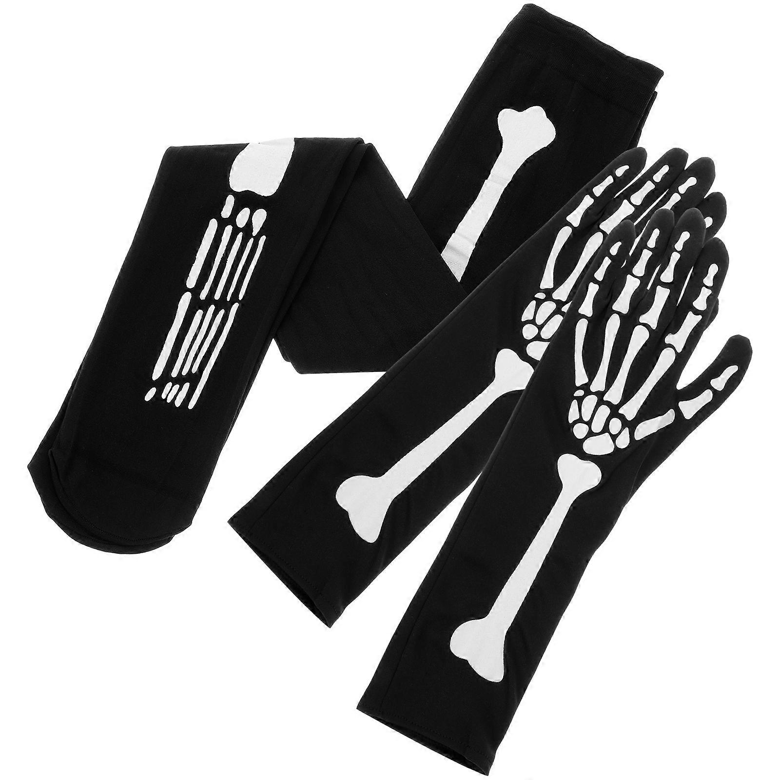 Halloween Theme Bone Stocking Gloves For Cosplayers Black 2 Pair Fashion Accessory
