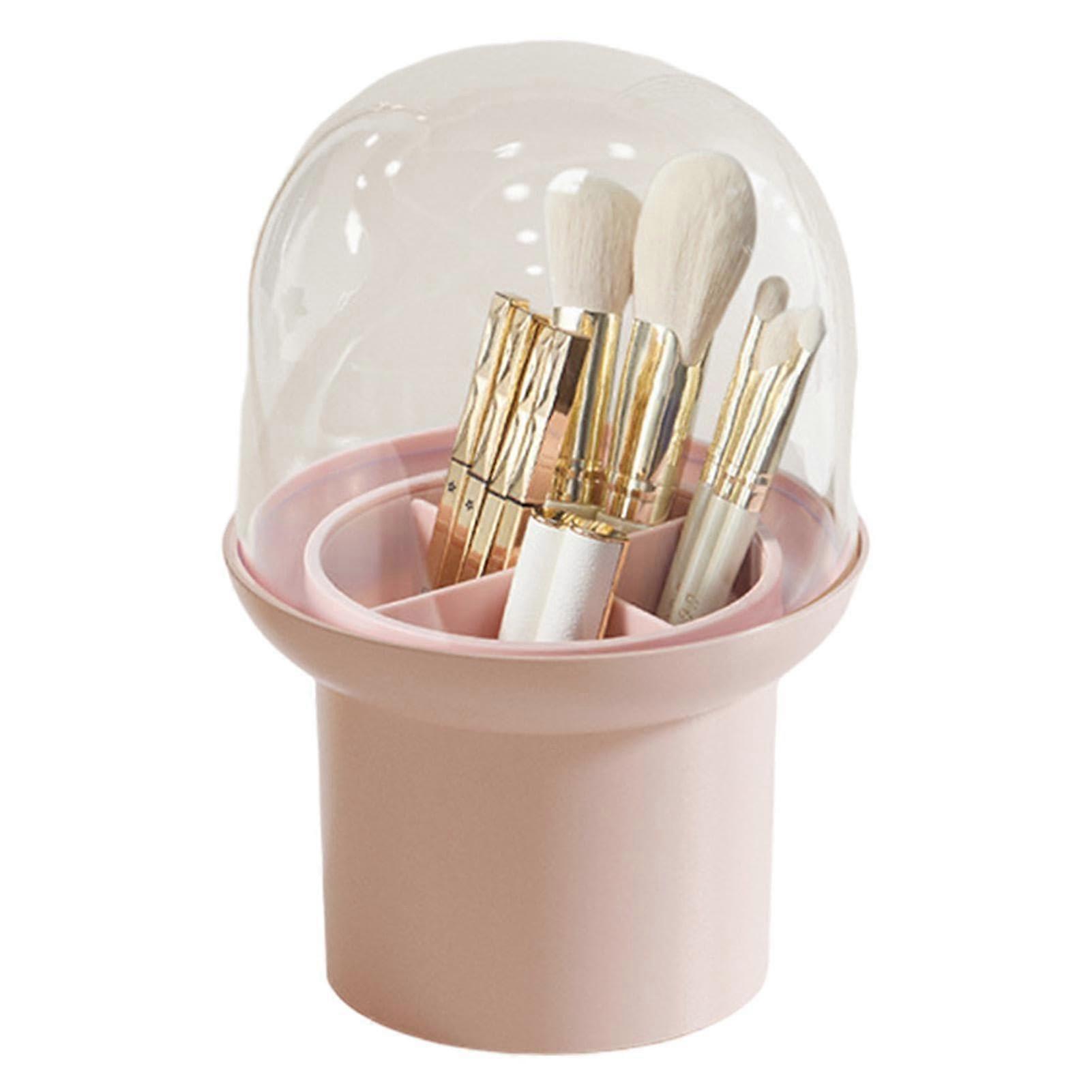 Makeup Brush Container, Transparent Vanity Cosmetic Organiser with Lid, Pink