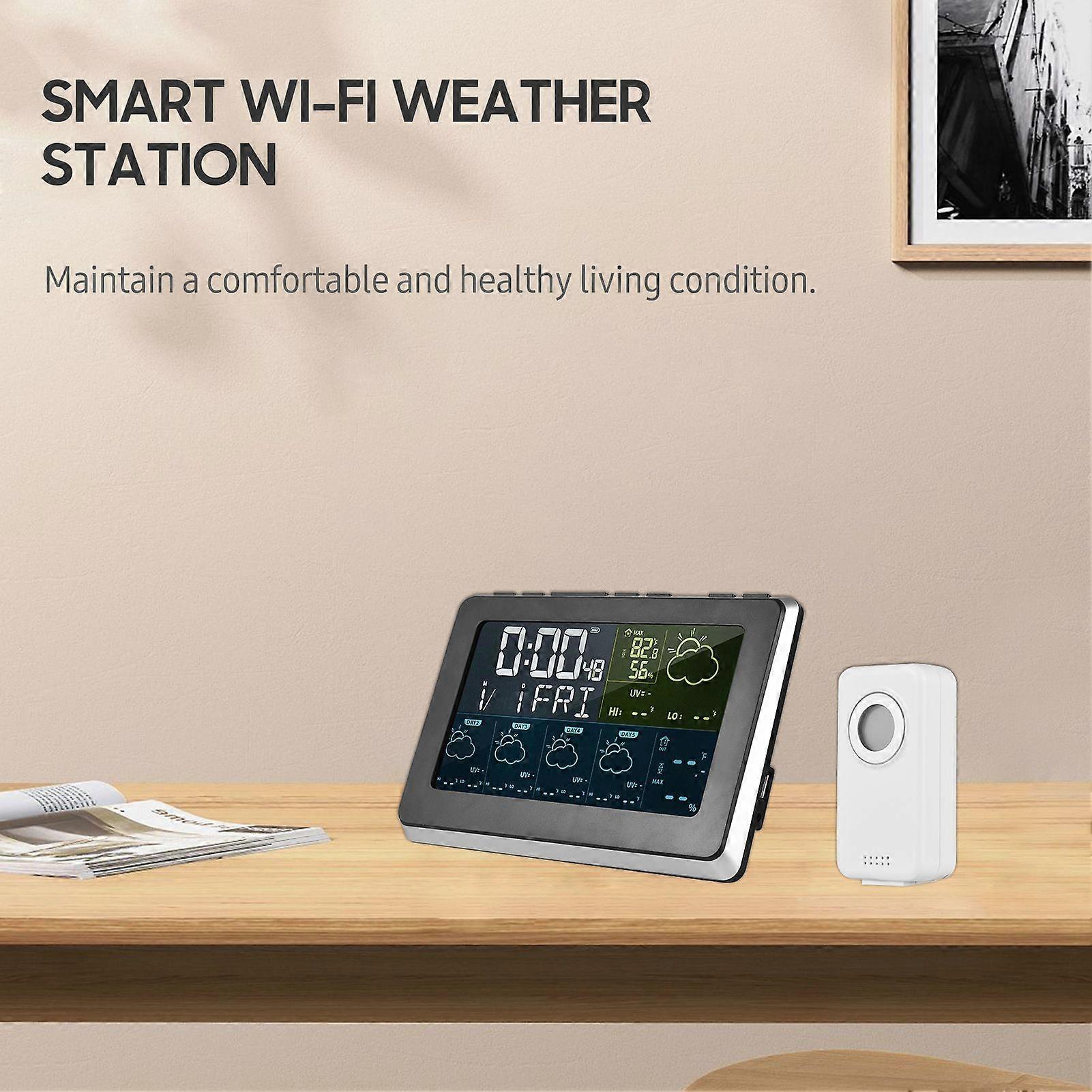 WiFi Smart LCD Weather Station APP Control Digital Indoor Outdoor Temperature Humidity Monitor Thermohygrometer, 5 Days Weather Forecast, 3 Alarm Cloc