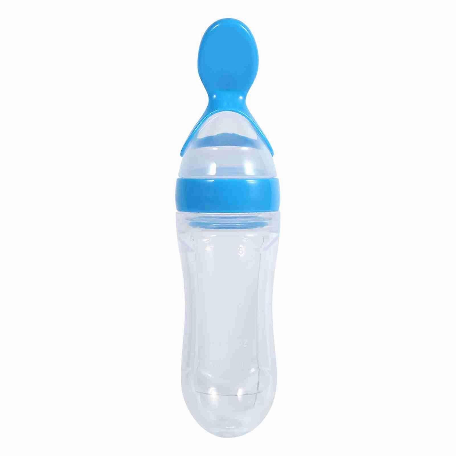 90mL Silicone Baby Toddler Feeding Bottle with Spoon Fresh Food Cereal Squeeze Feeder (Blue)